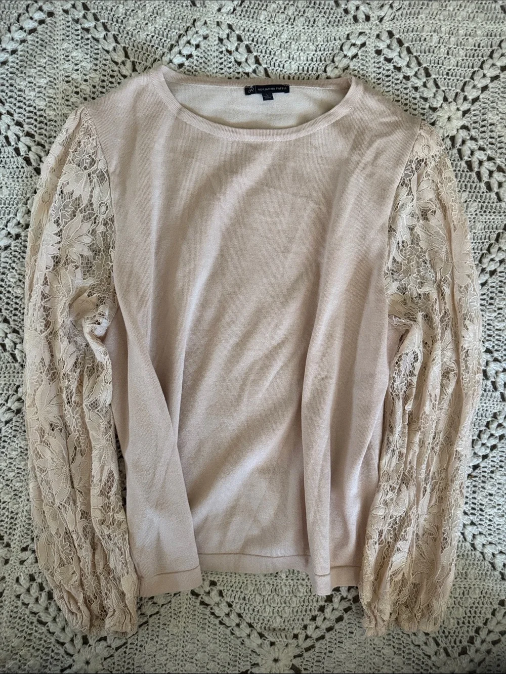 Adrianna Papell Blush Pink Lace Sleeve Sweater